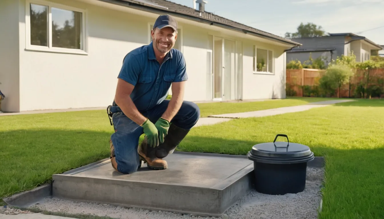 A local septic provider inspecting an open tank lid in a backyard in the Lorain area